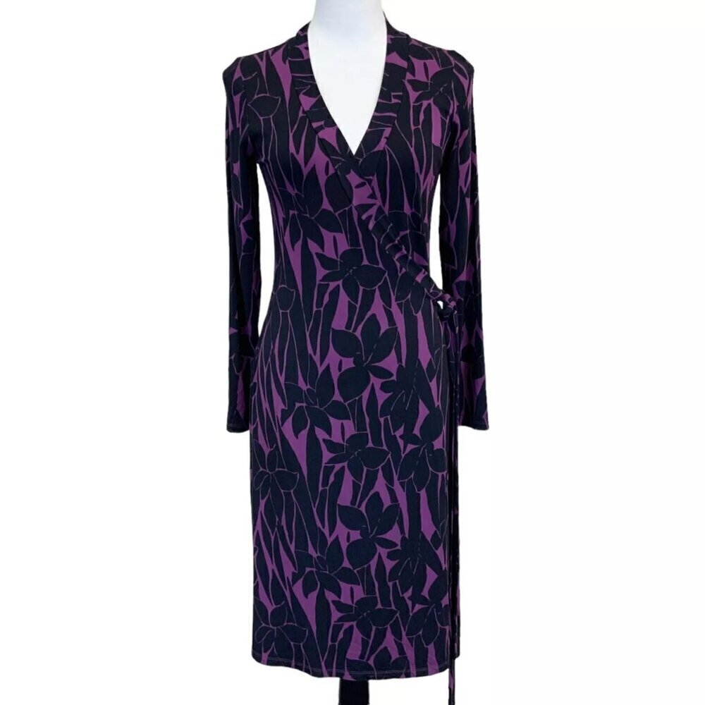 Boden Purple Black Bamboo Floral Long Sleeve Wrap Dress 4